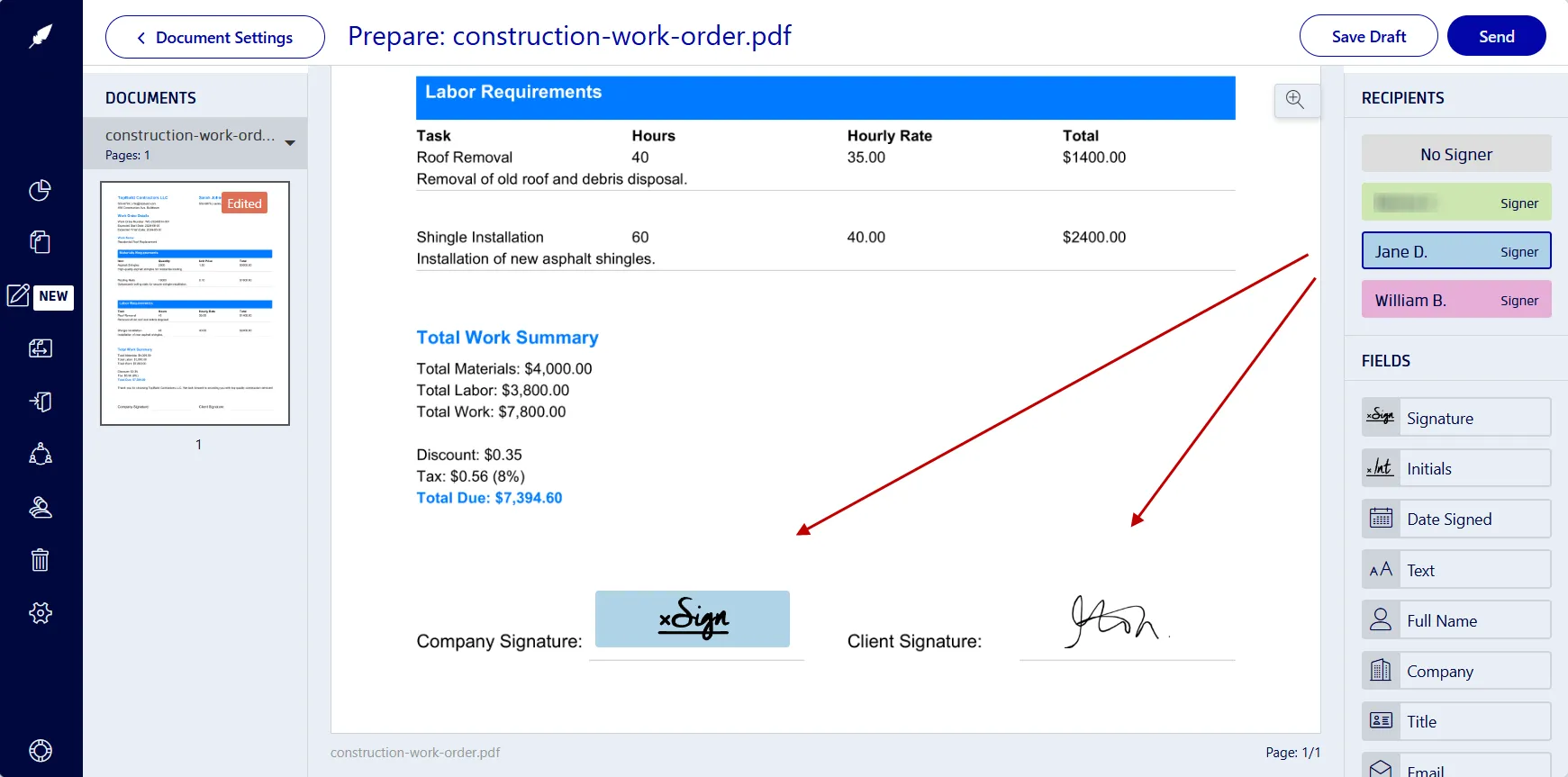 Adding electronic signatures to construction work order documents in Xodo Sign