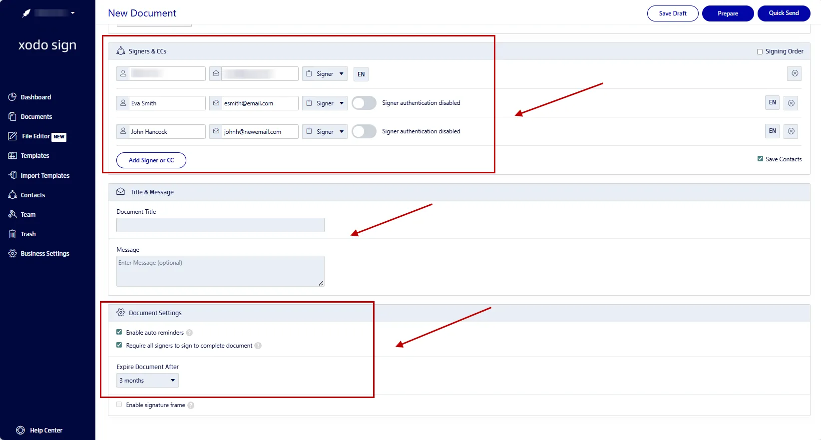 Steps to adding signers to a subcontractor agreement in Xodo Sign
