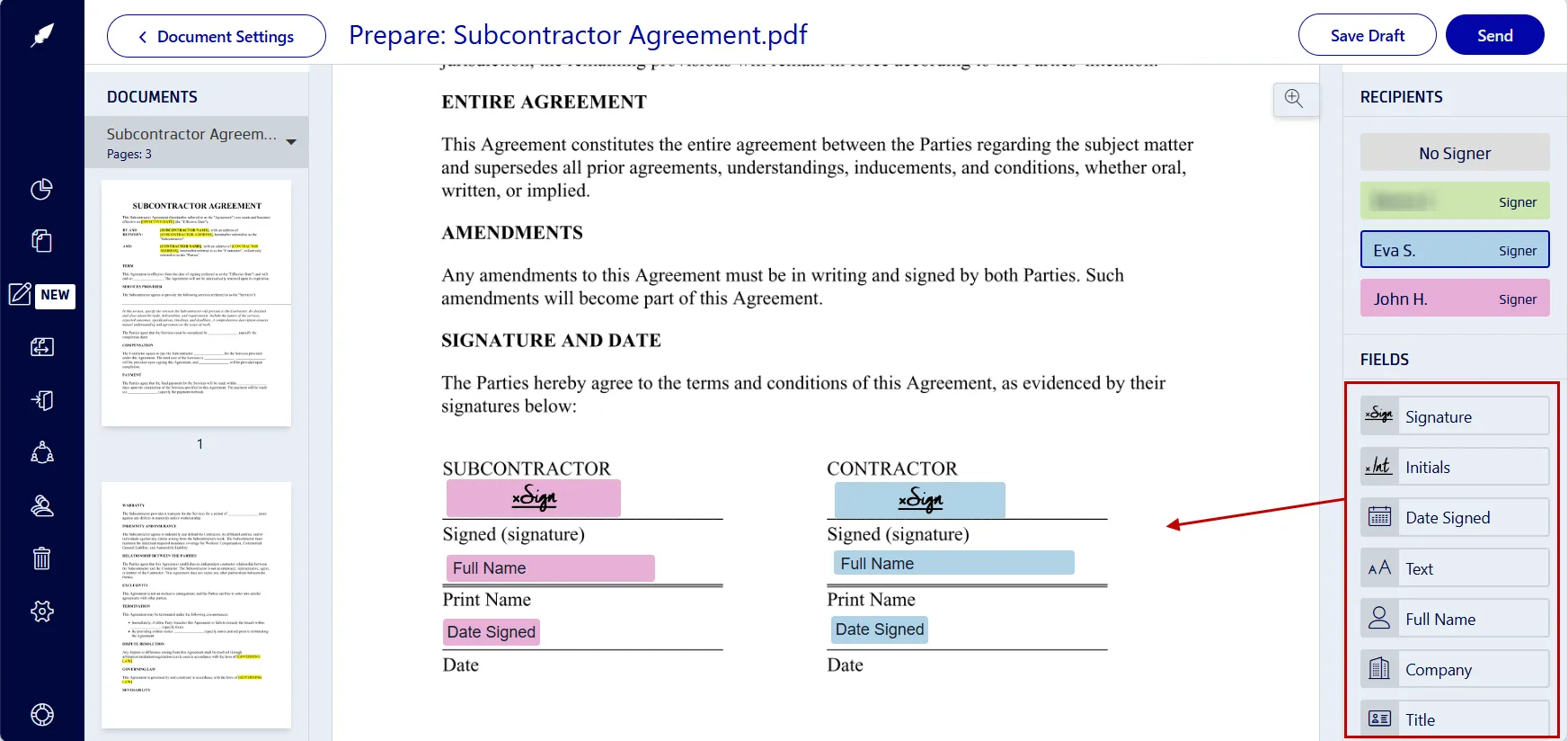 Adding signing fields to a subcontractor agreement in Xodo Sign