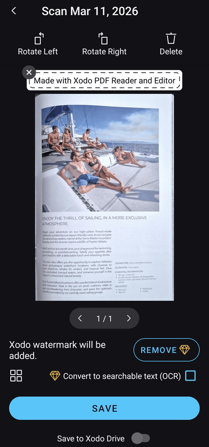 Saving a captured scan in Xodo mobile app