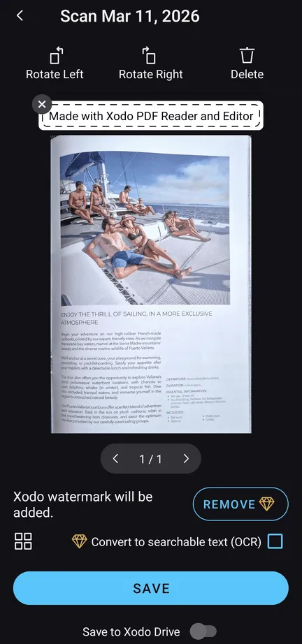 Saving a captured scan in Xodo mobile app