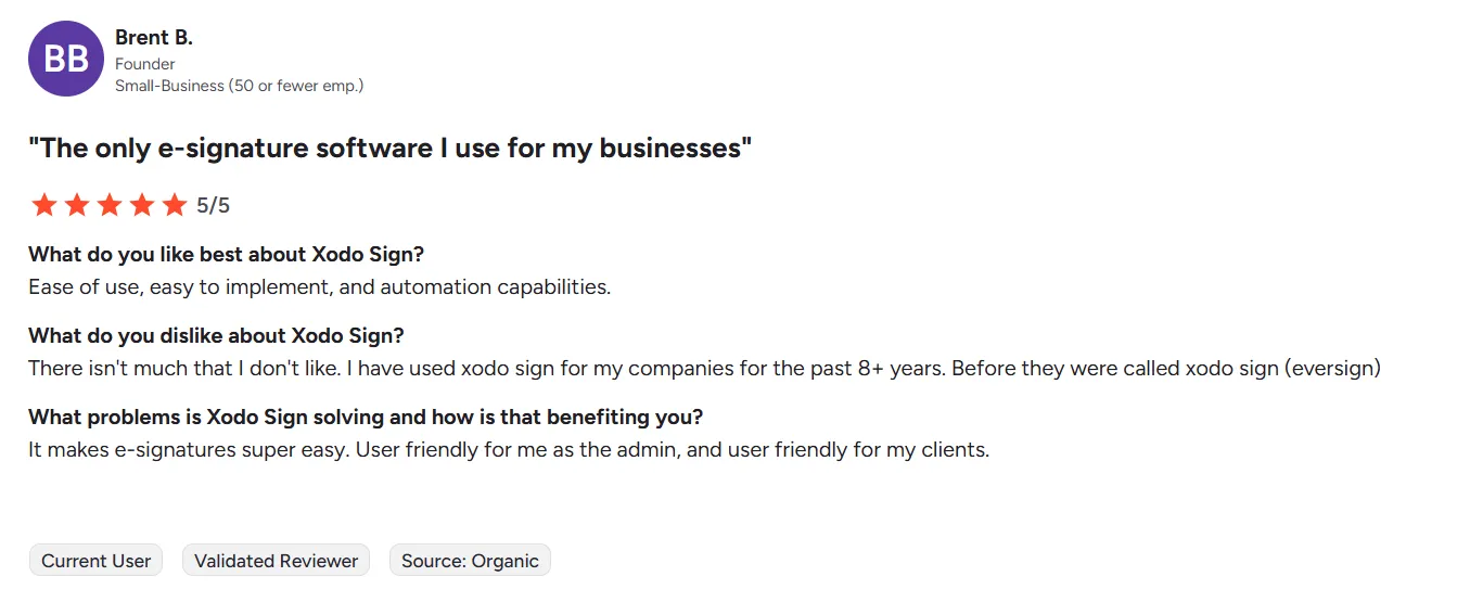 A user review of Xodo Sign from G2 platform