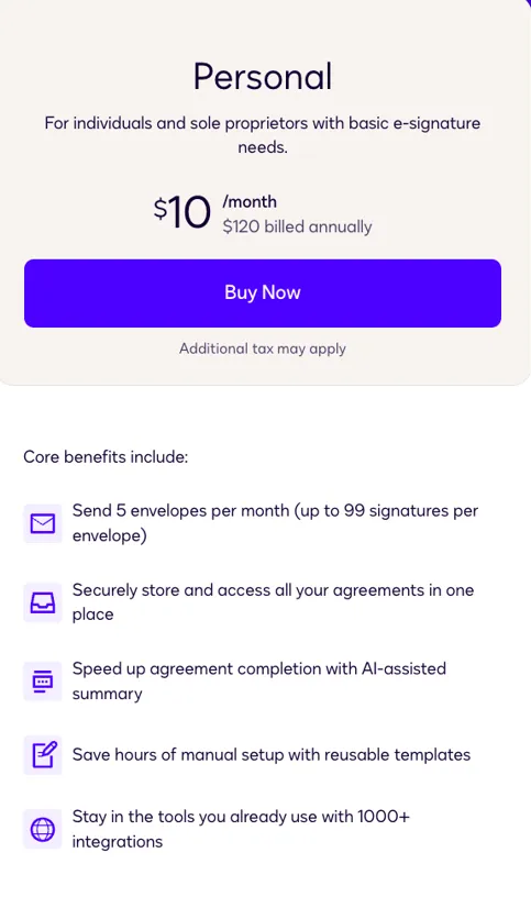 Docusign Personal pricing plan details