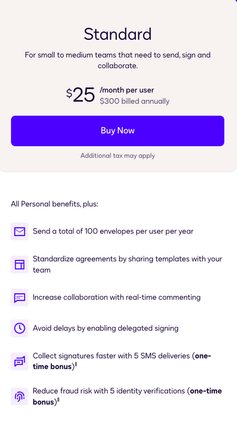 Docusign Standard pricing plan details