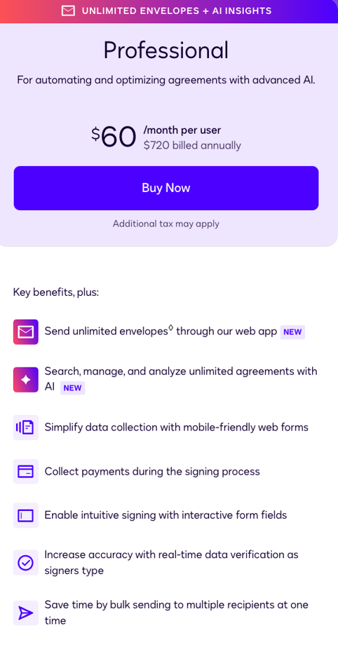Docusign Professional pricing plan details