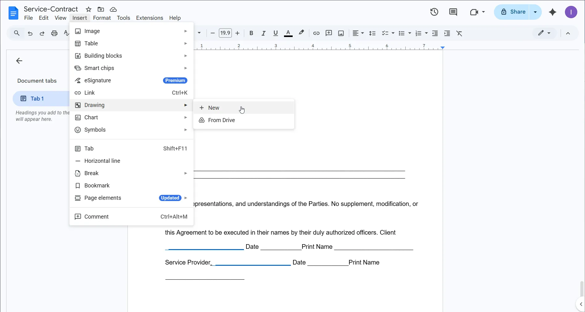 Using Insert option in Google Docs to sign a document