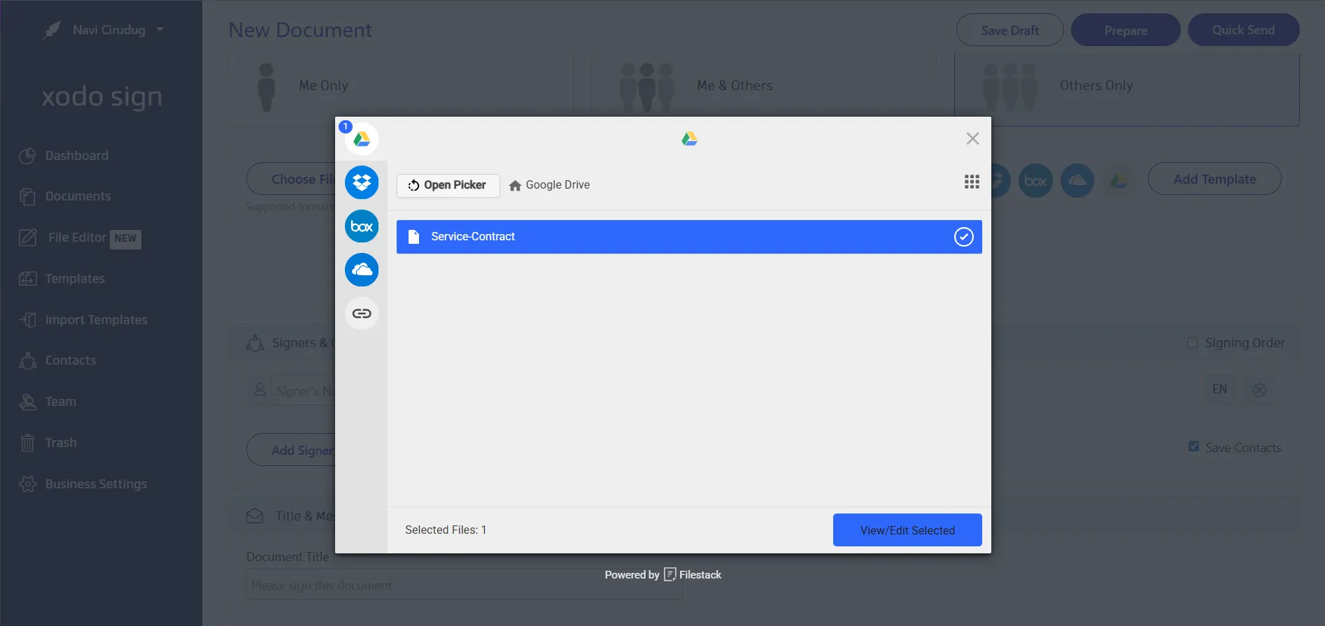 Uploading a Google Doc into Xodo Sign for signing