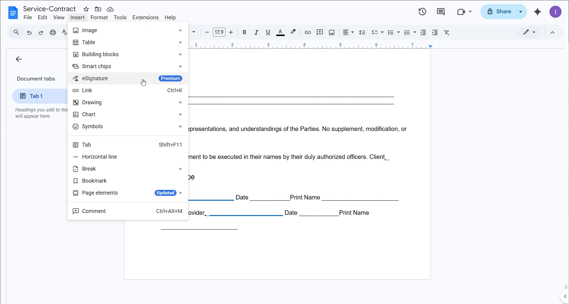 Using e-signatures premium tools inside Google Docs