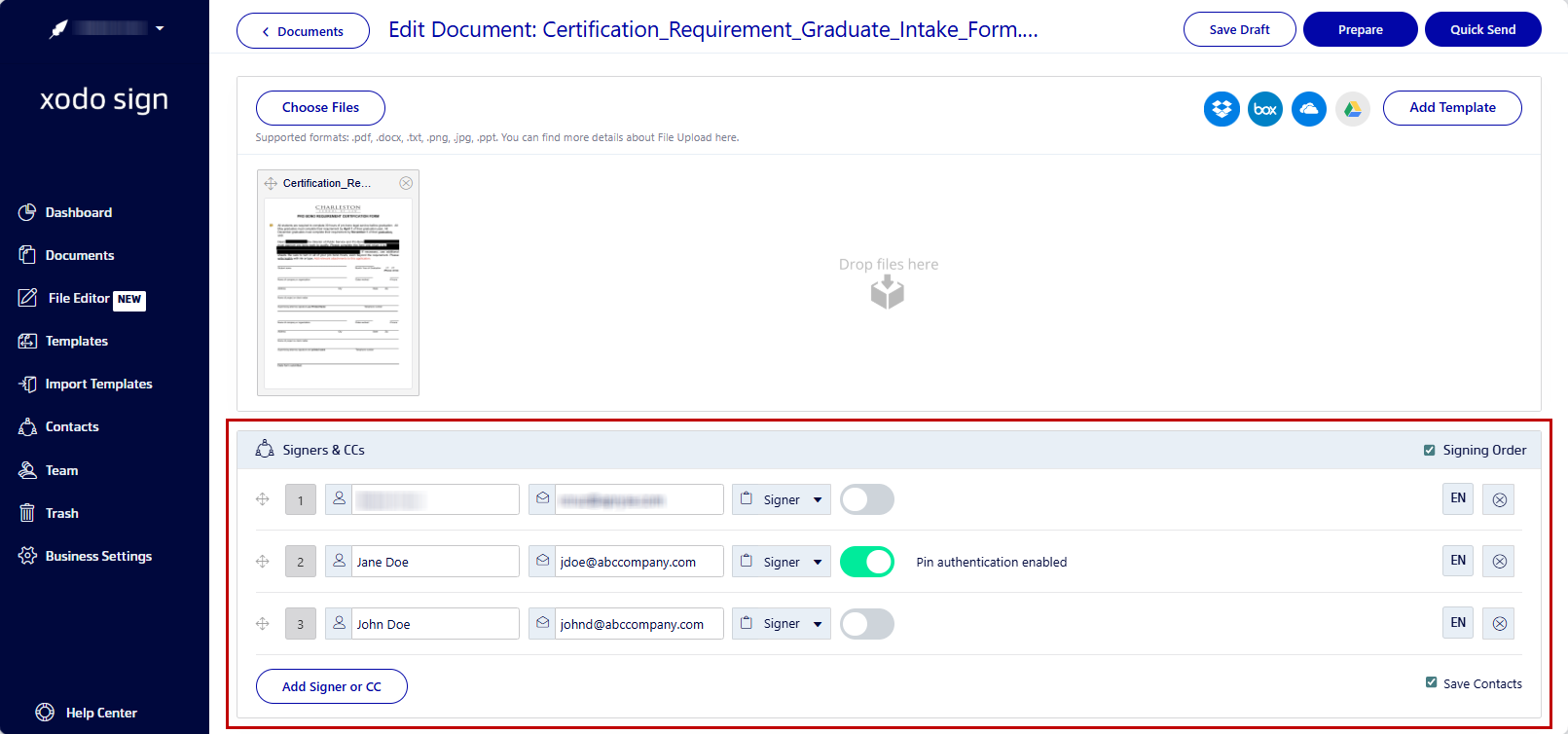 Preparing the PDF file as part of the signing process inside Xodo Sign