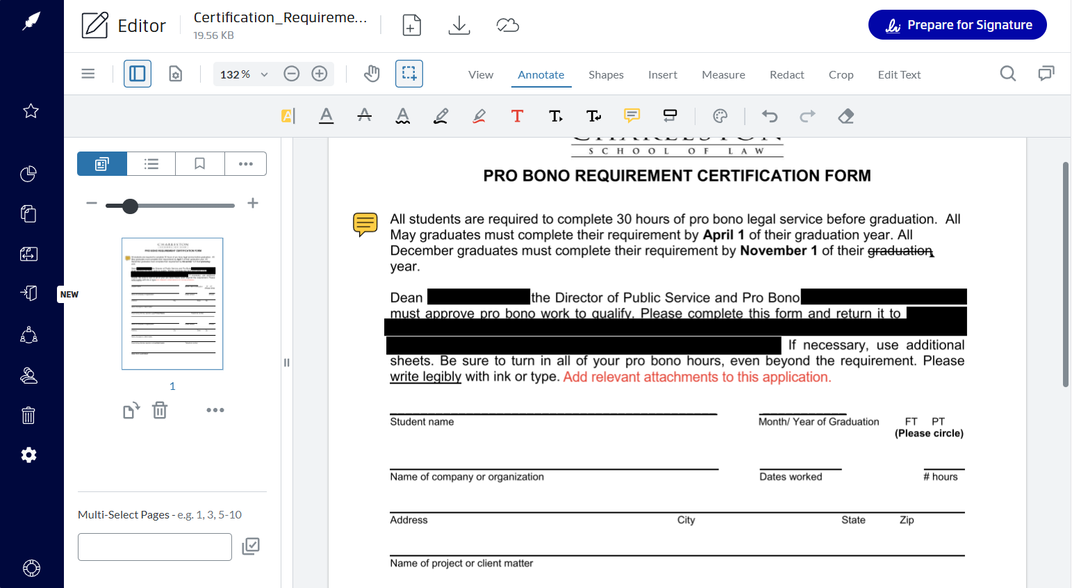 Using the built-in PDF editor to edit PDF files directly in Xodo sign