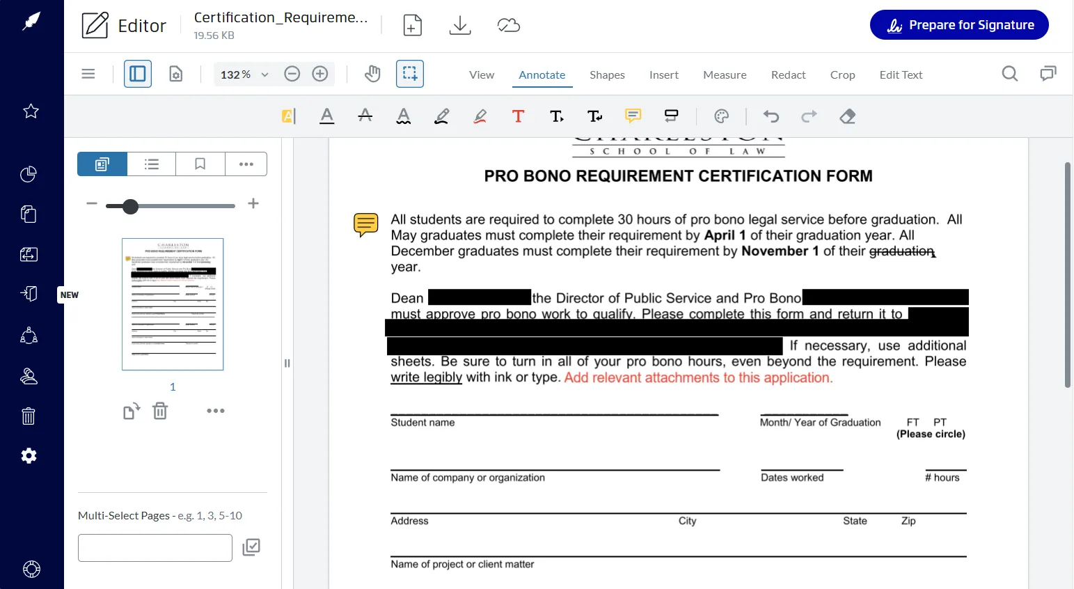 Using the built-in PDF editor to edit PDF files directly in Xodo sign
