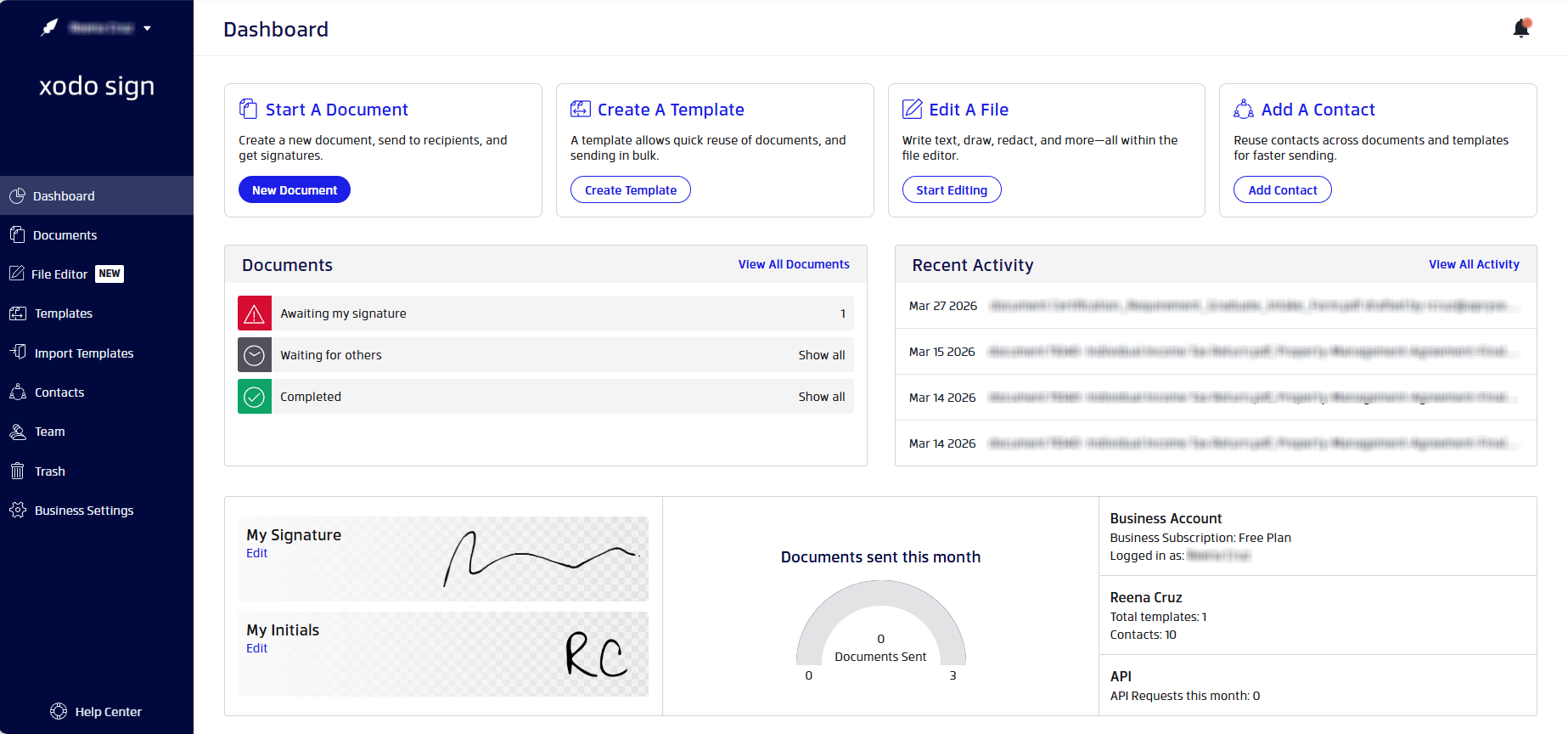 Xodo Sign e‑signature dashboard