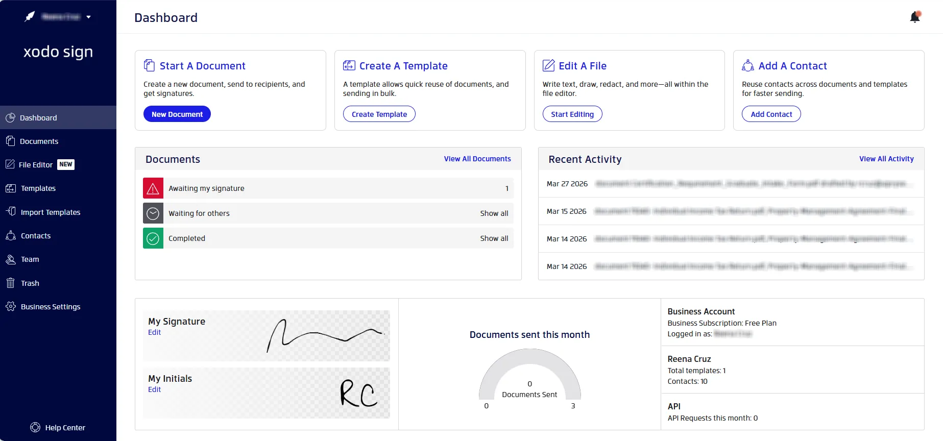 Xodo Sign e‑signature dashboard