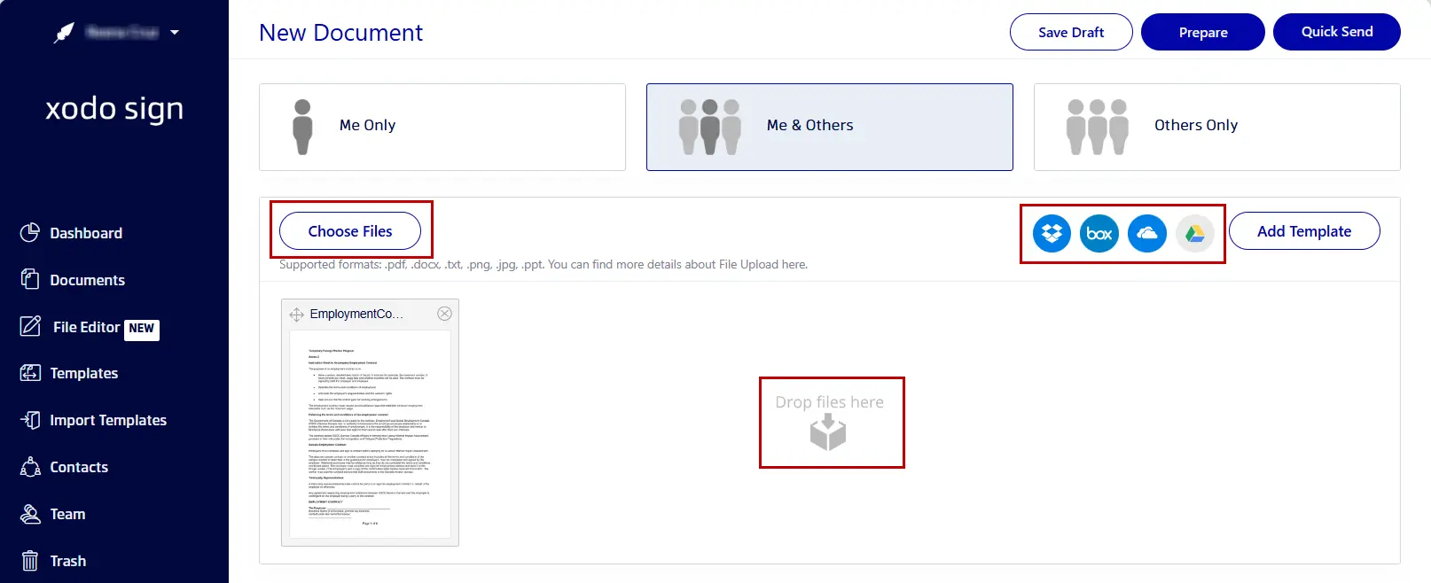  Uploading an employment contract to Xodo Sign for online signing