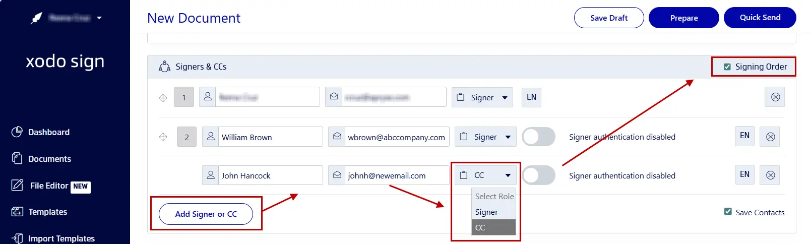 Adding signers in Xodo Sign to an employment contract online
