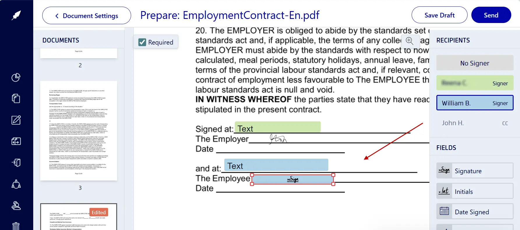 Adding signature and date fields to an employment contract online