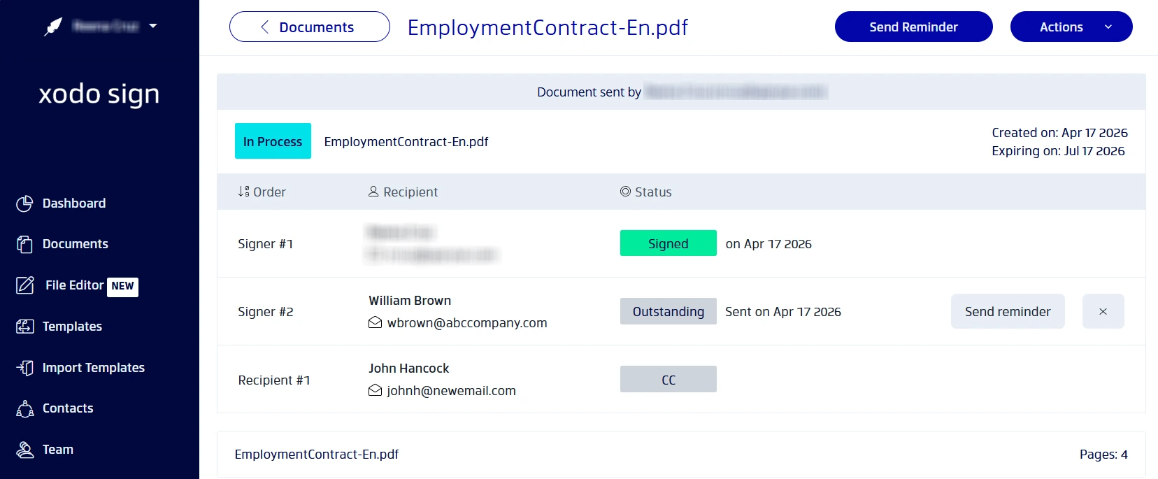 Tracking employment contract in Xodo Sign