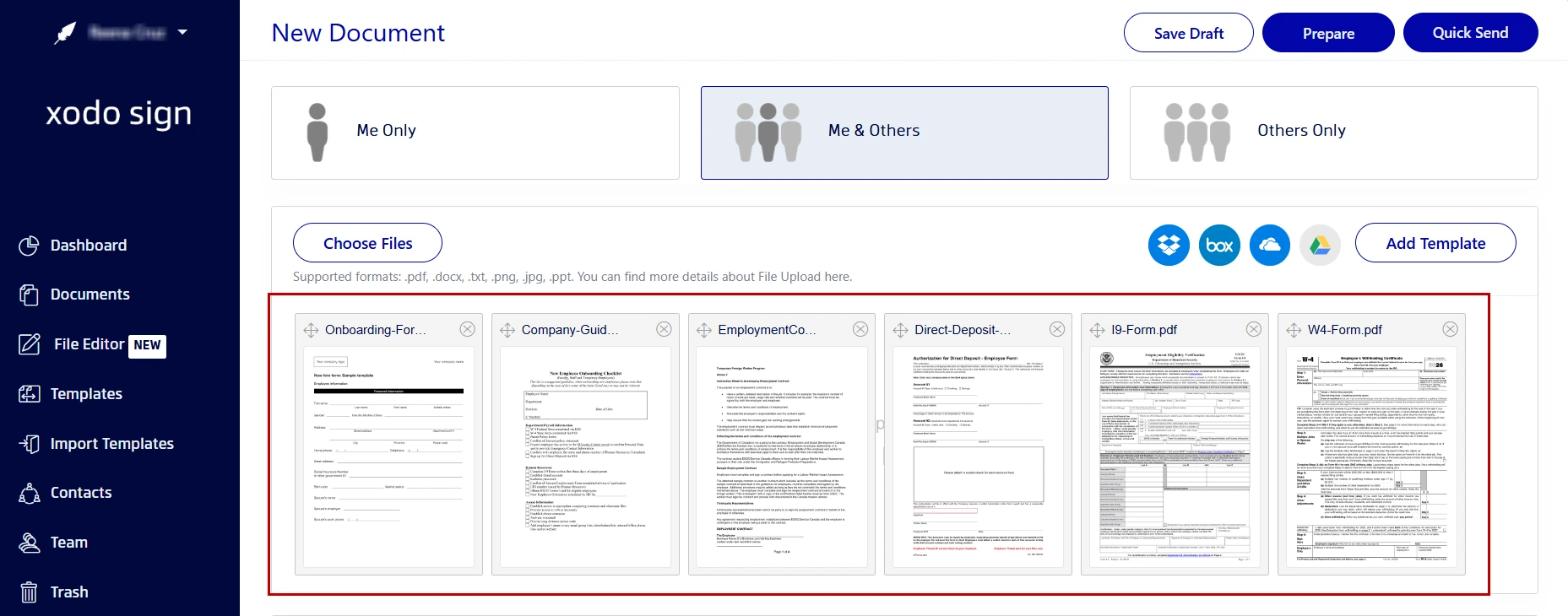 Steps for uploading multiple employee onboarding forms into Xodo Sign.