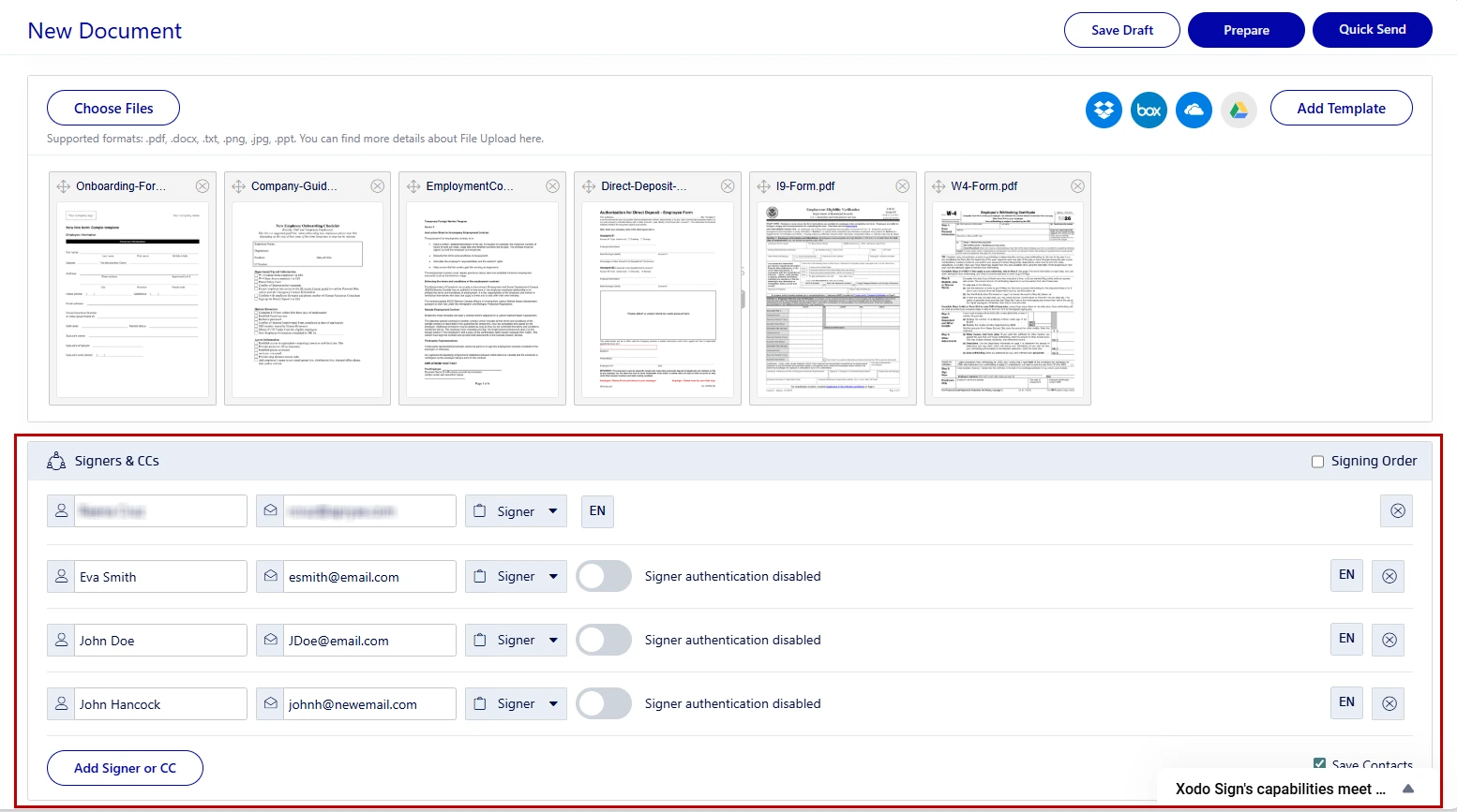 Adding recipients for requesting signatures on employee onboarding forms in Xodo Sign.
