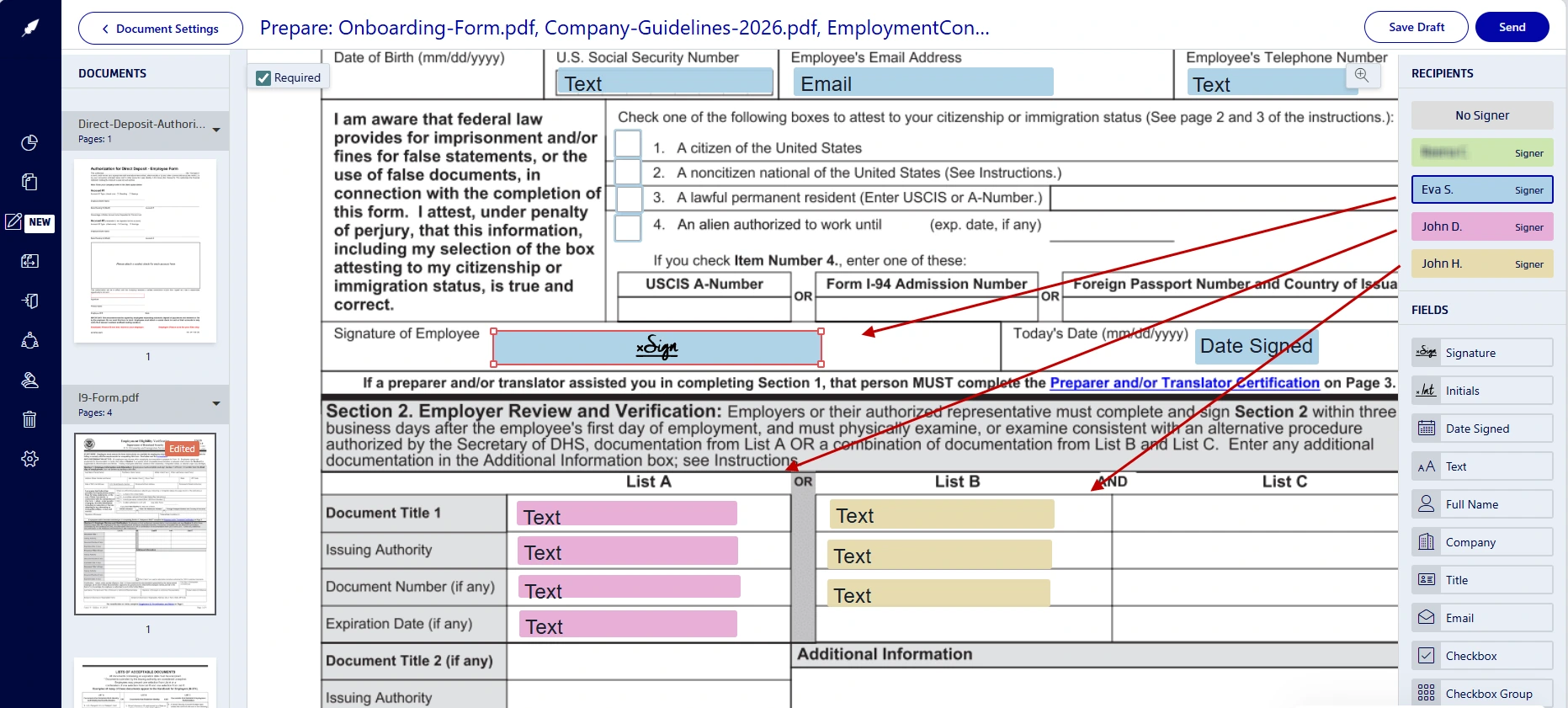 Adding signature and form fields to an onboarding form in Xodo Sign