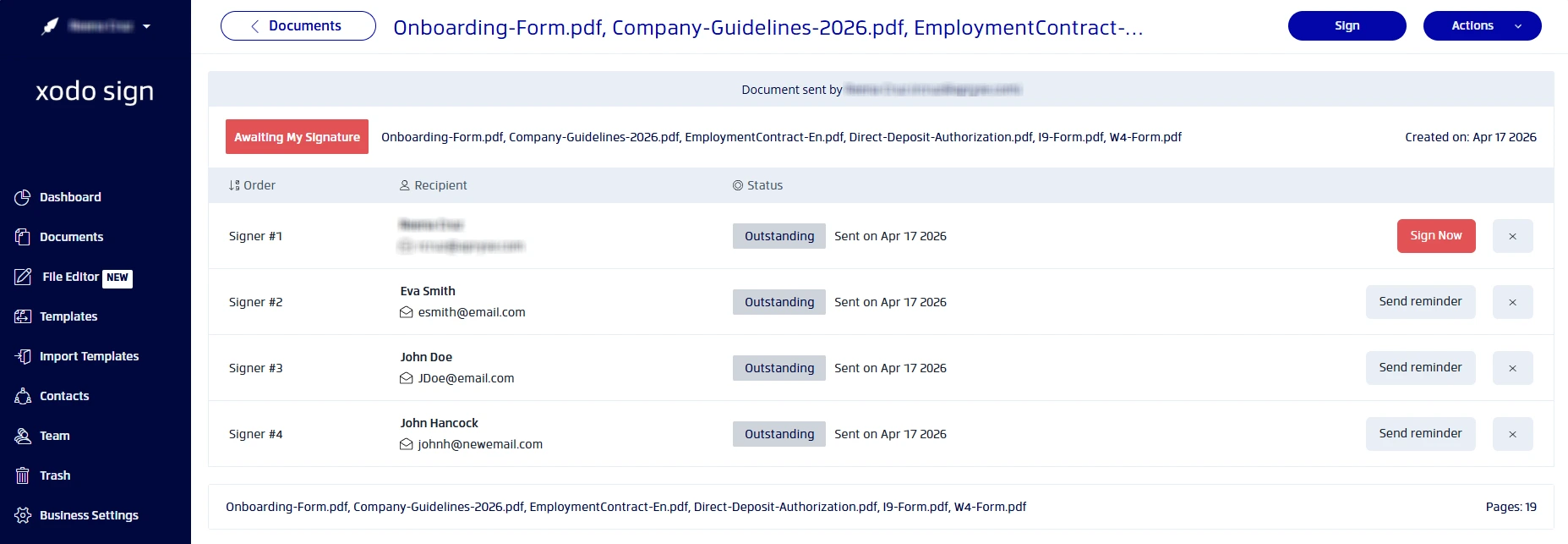 Xodo Sign dashboard showing employee onboarding documents