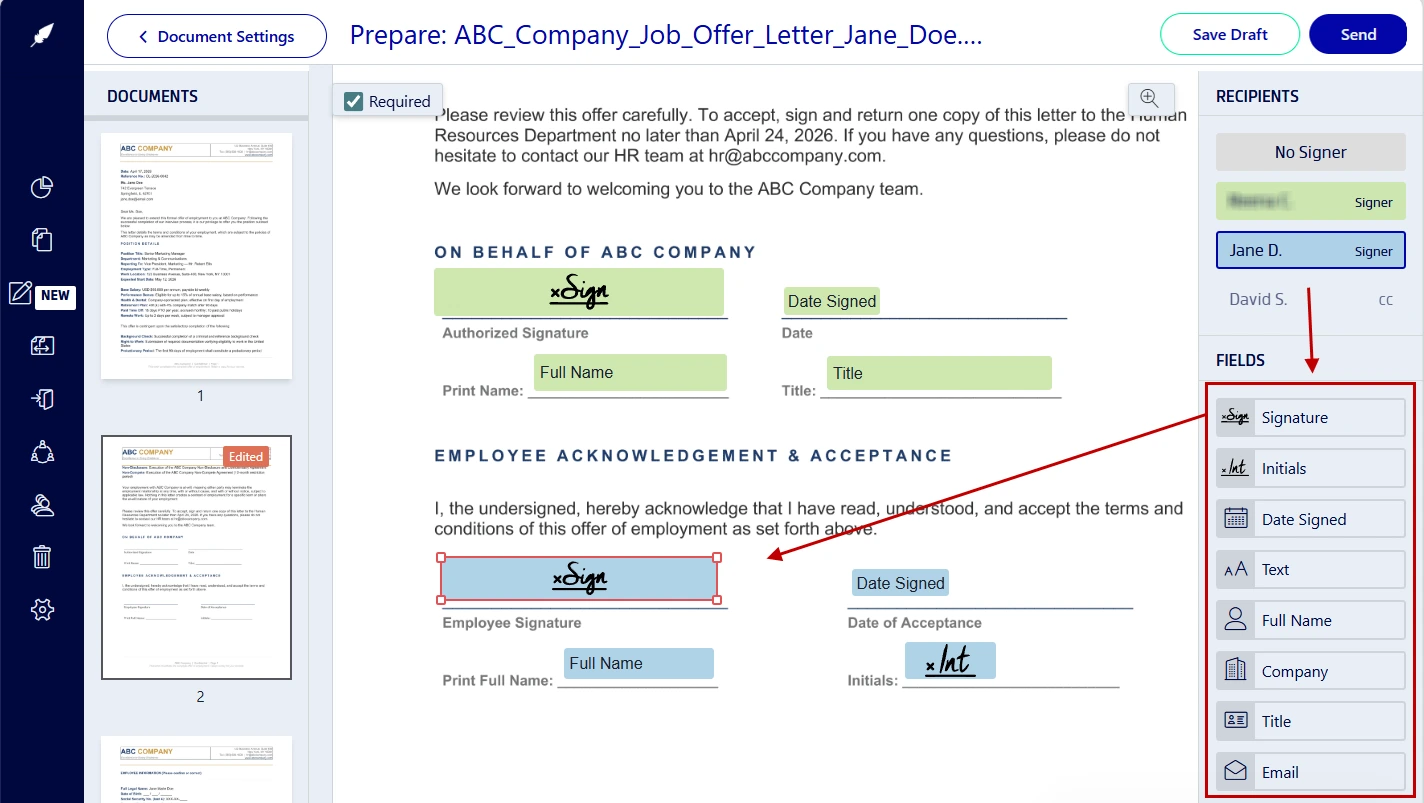 Inserting required signing fields to an offer letter in Xodo Sign