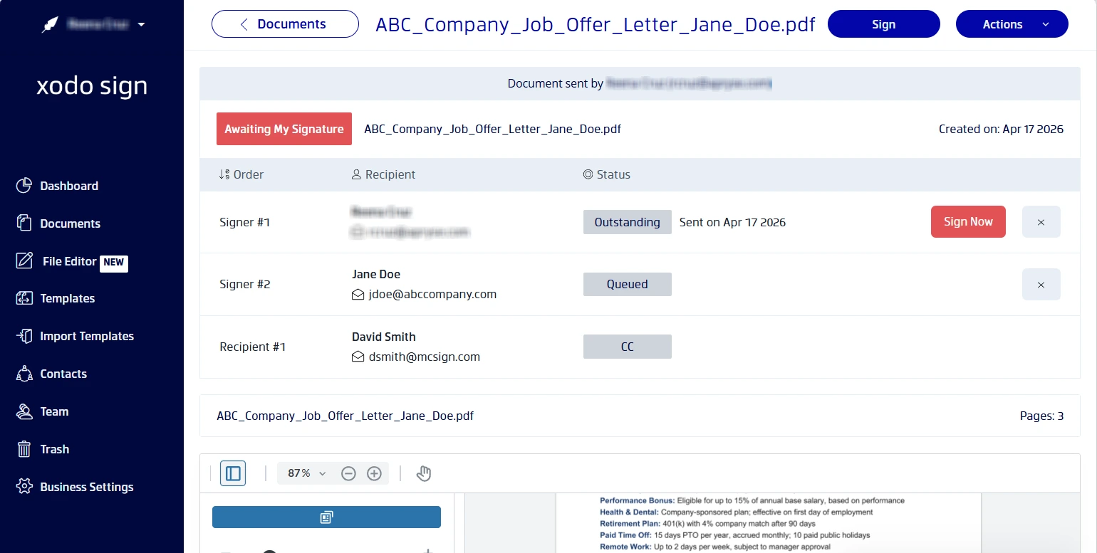 Tracking the signing progress of an offer letter