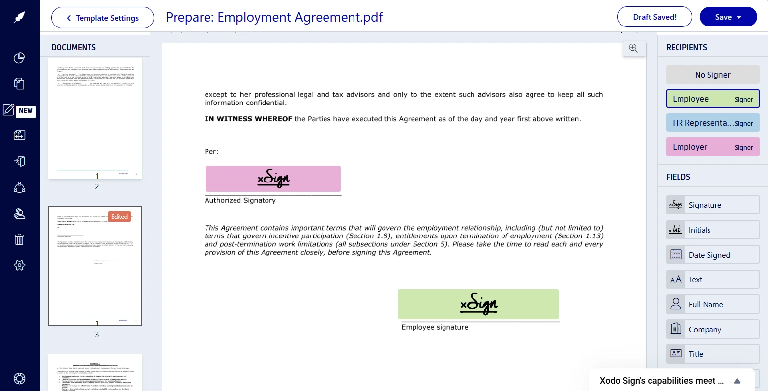 Inserting signing form fields to a template in Xodo Sign before bulk sending for electronic signatures
