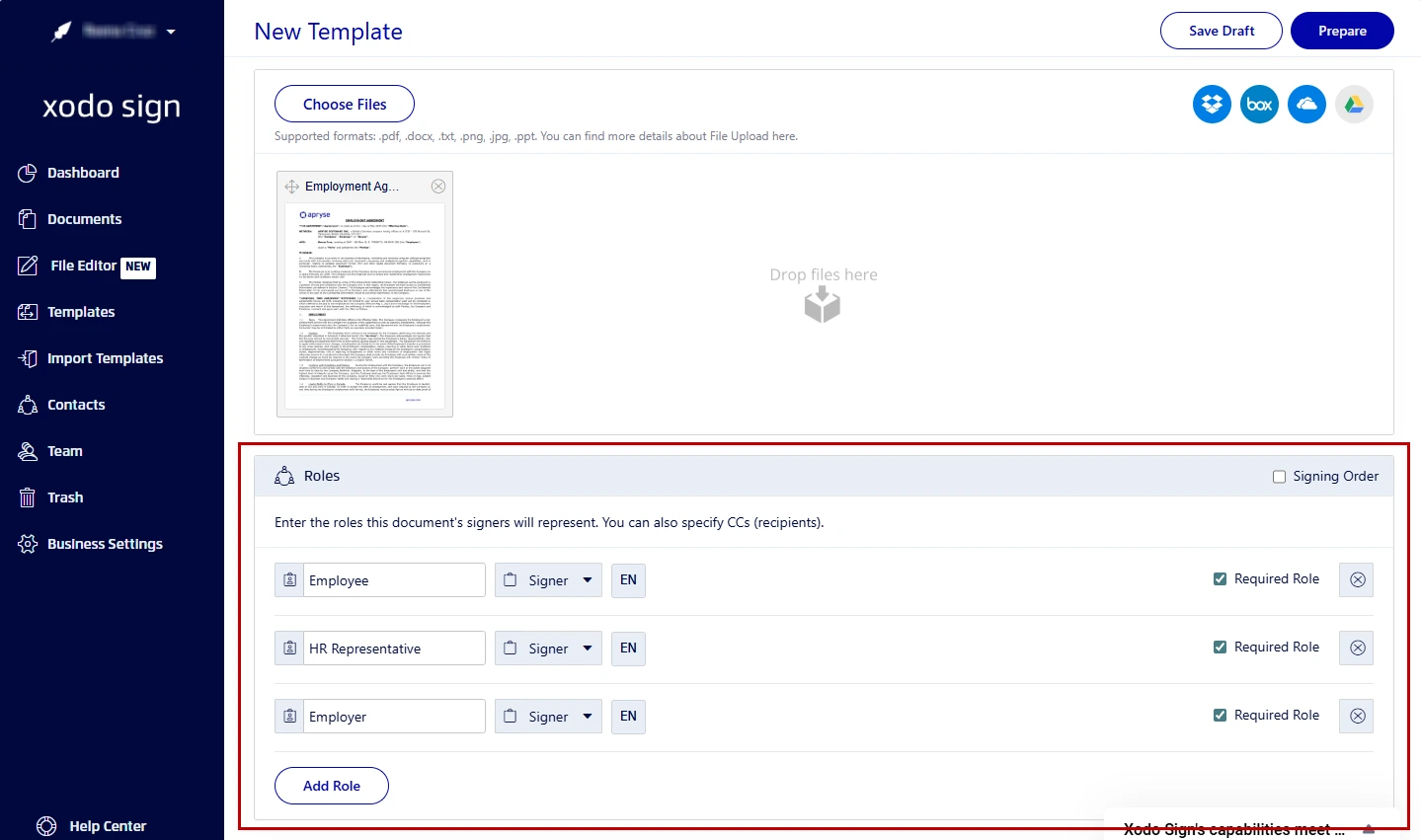 Adding signers to a PDF to Xodo Sign to set up a bulk send e‑signature request