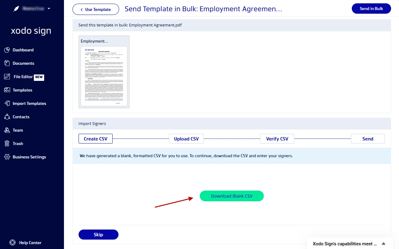 Steps for bulk sending a document for electronic signatures in the Xodo Sign dashboard  