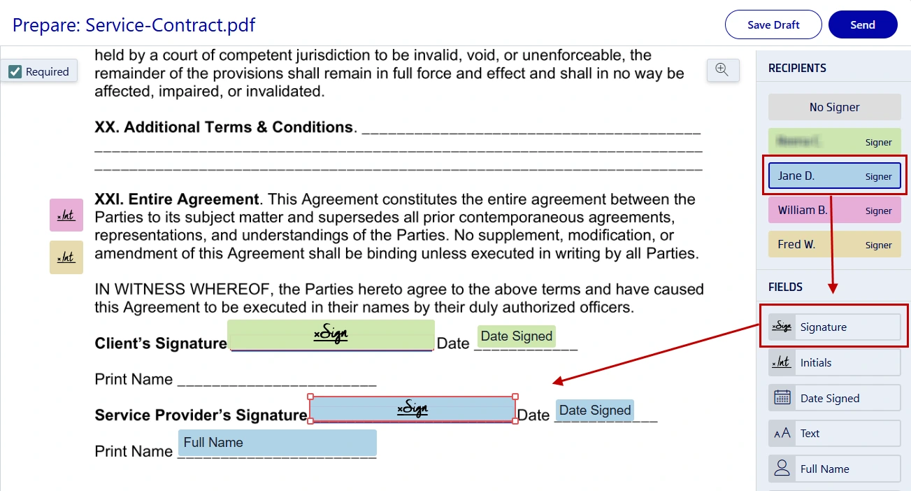 Inserting signing fields onto a PDF in Xodo Sign
