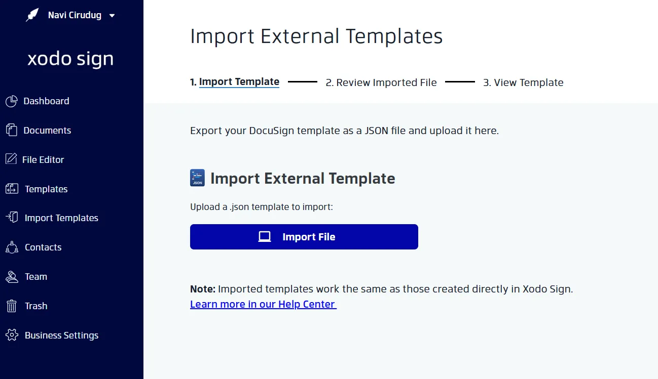 Window to import Docracy .json templates into Xodo Sign
