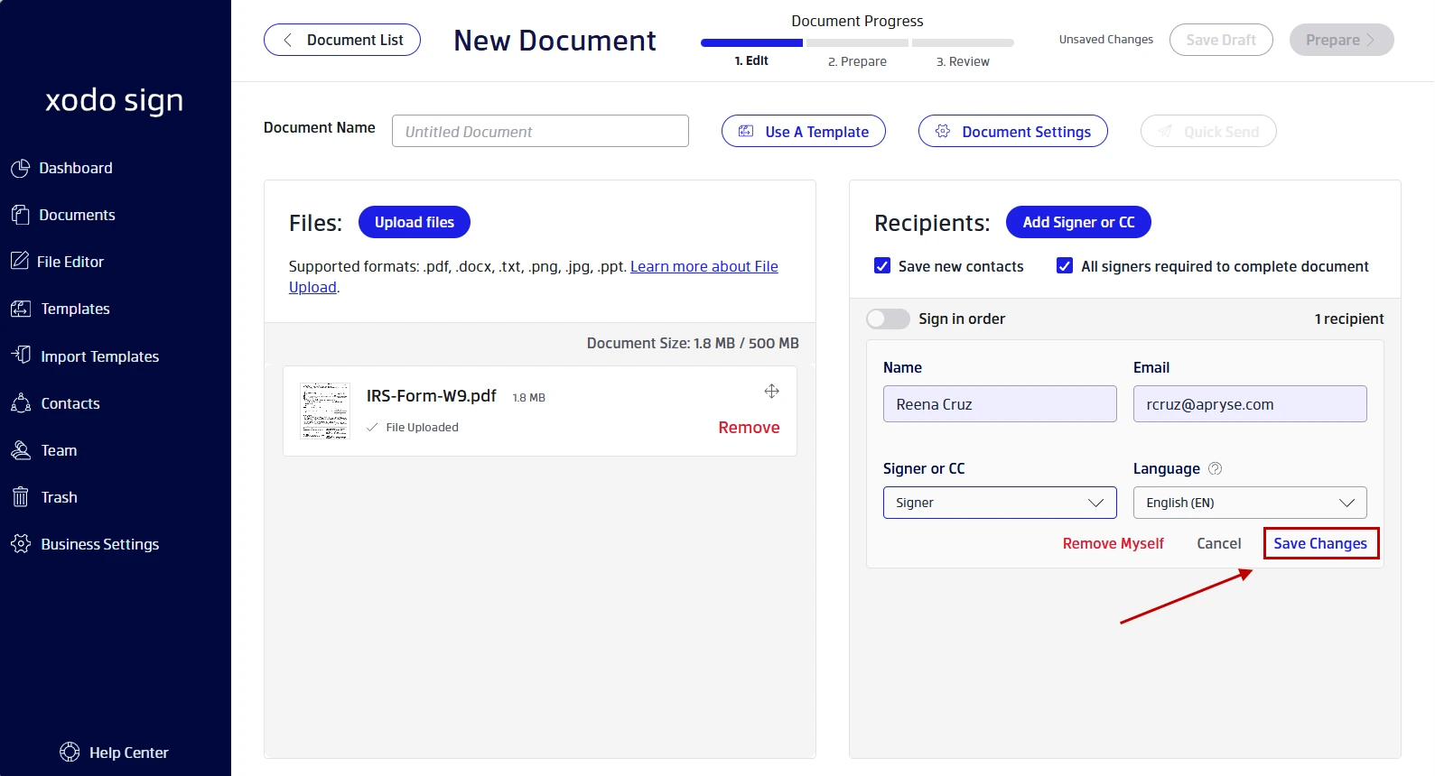 Adding yourself as a signer to a W-9 form in Xodo Sign