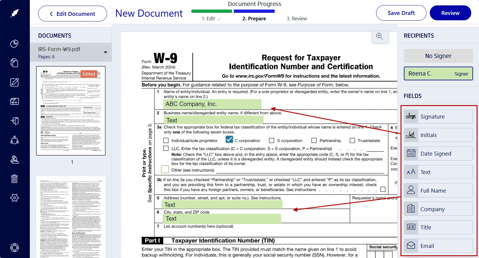 Adding and filling out form fields for a W-9 form in Xodo Sign