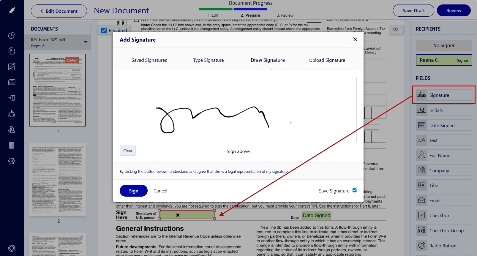 Adding an e-signature to a W-9 form online in Xodo Sign