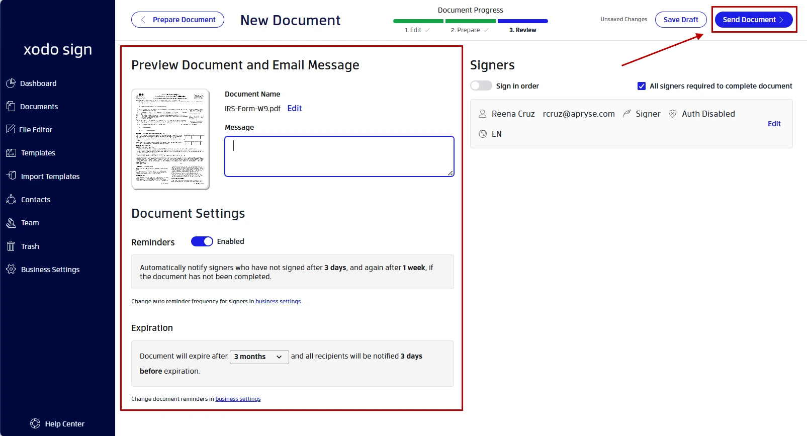 Sending a signed W-9 form to a requester from Xodo Sign