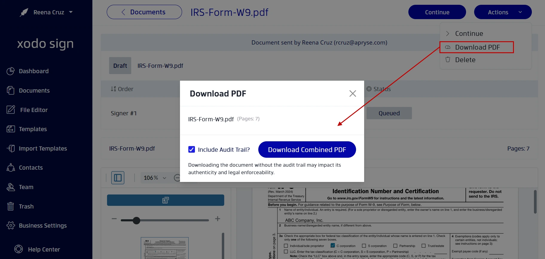 Downloading a signed W-9 form from Xodo Sign to send to a requester