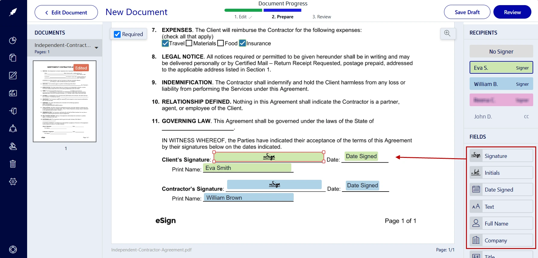 Inserting form fields to an independent contractor agreement in Xodo Sign to send for e-signatures