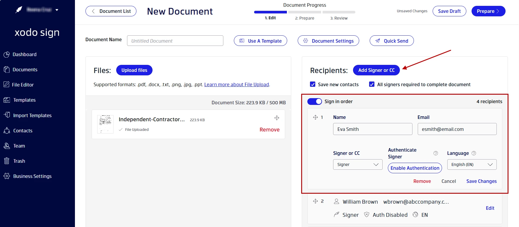 Adding contractors to an independent contractor agreement for signing