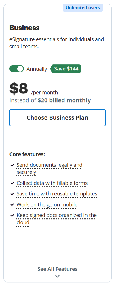 SignNow Business plan pricing card
