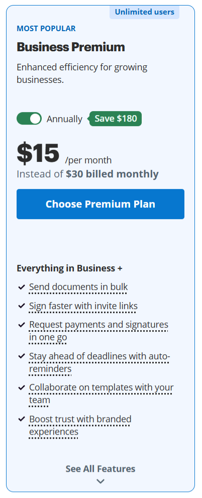 SignNow Business Premium plan pricing card