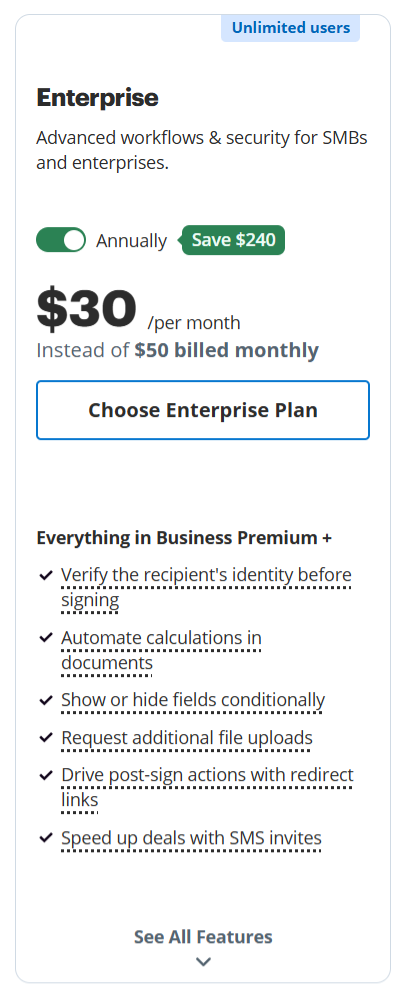 SignNow Enterprise plan pricing card