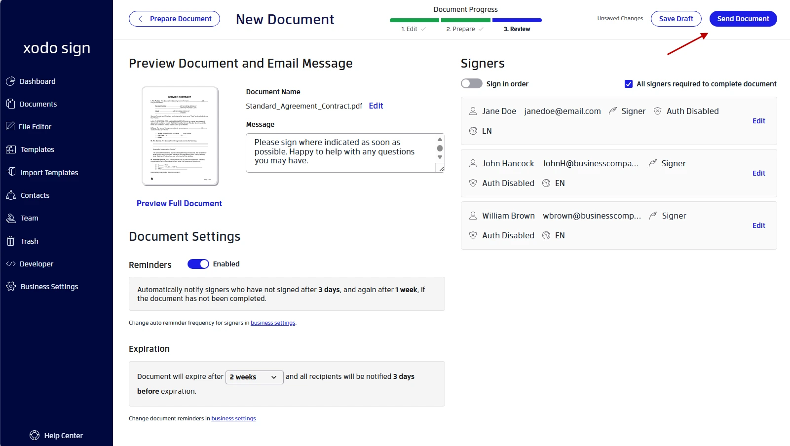Finalizing a document for signature requests before sending it from Xodo Sign