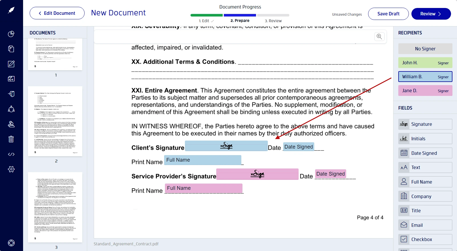 Preparing a document in Xodo Sign with signature and form fields