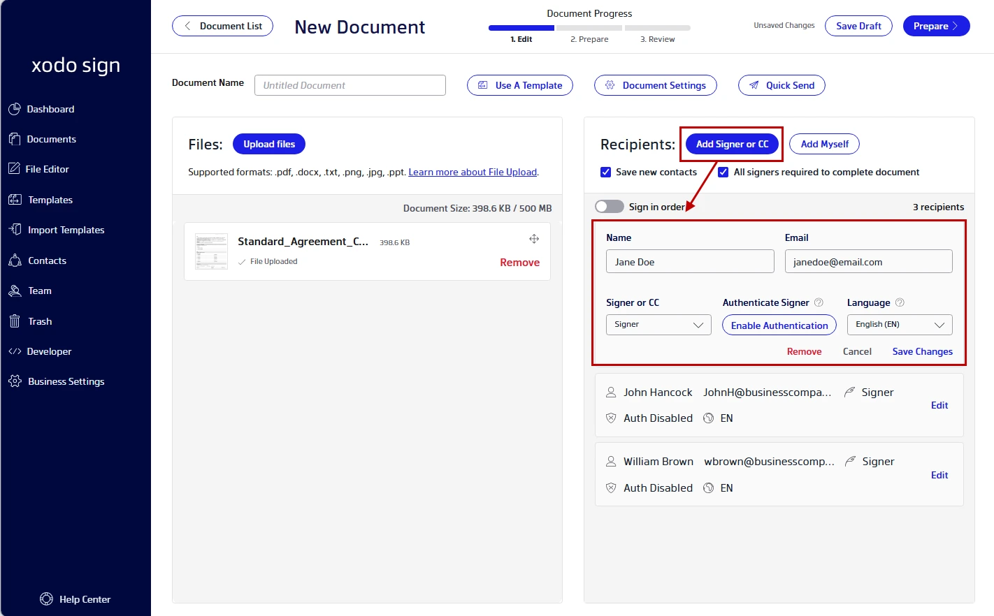 Adding signers to document in Xodo Sign