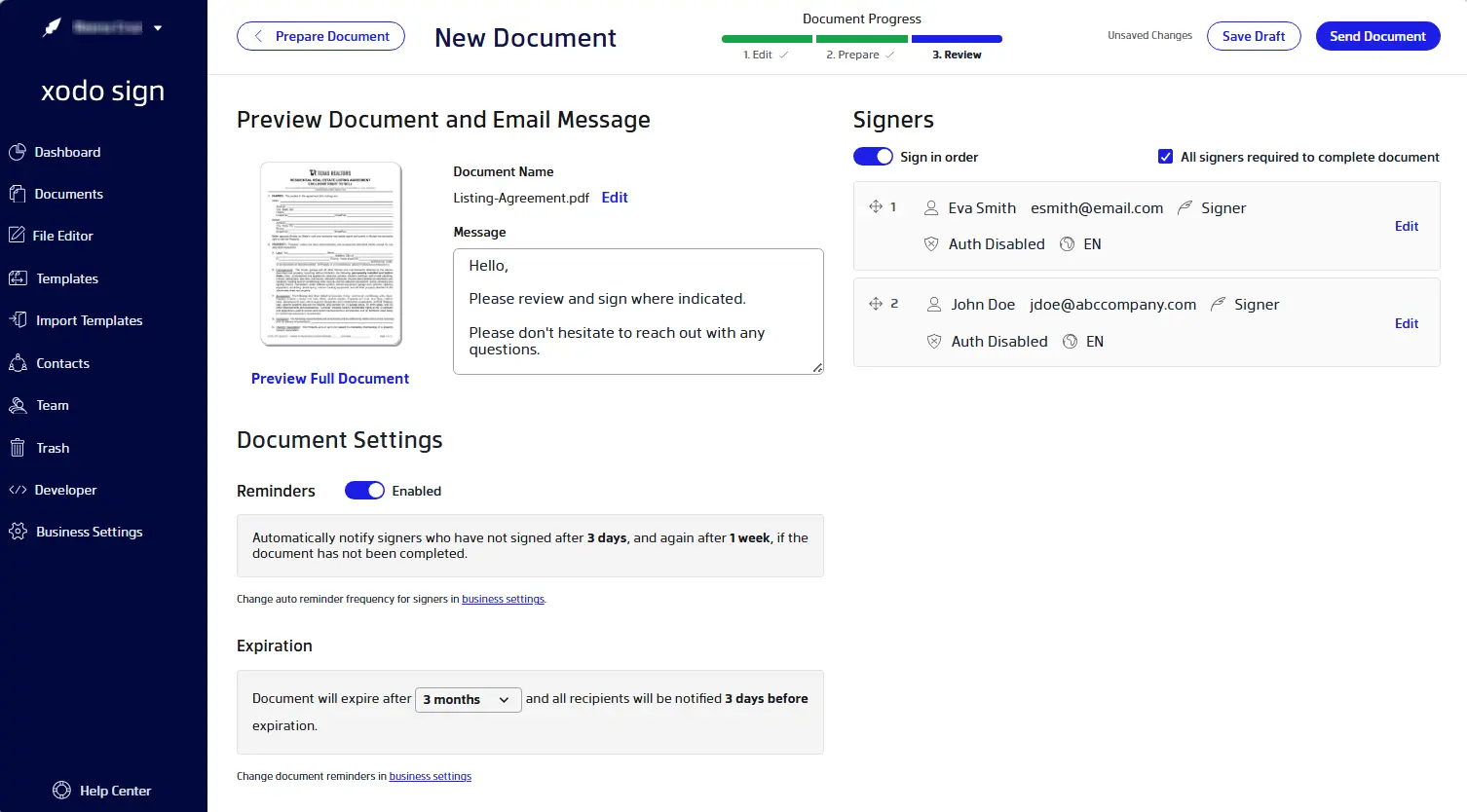 Reviewing a document before sending it to recipients from Xodo Sign