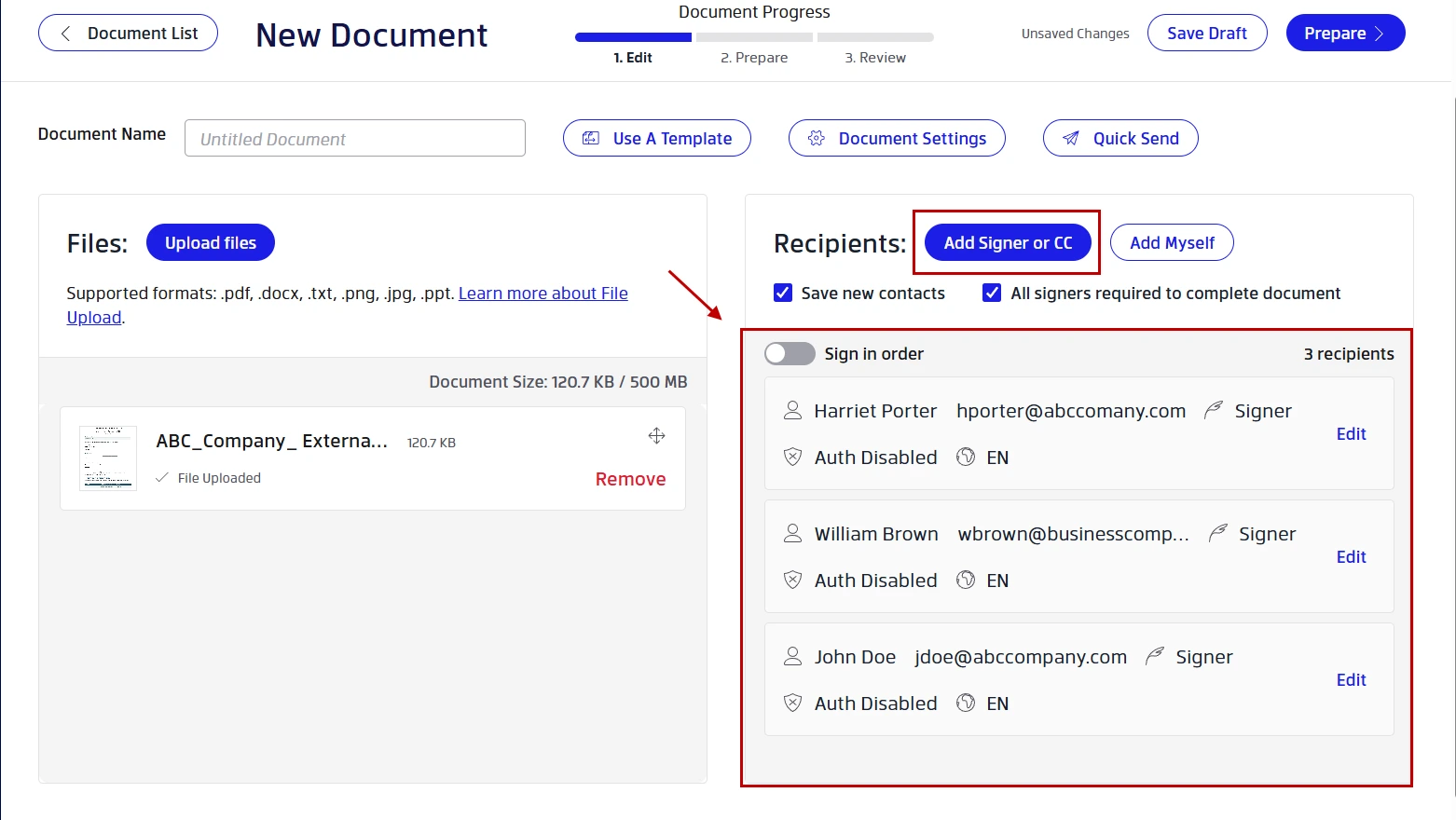 Adding recipients to a document for parallel signing