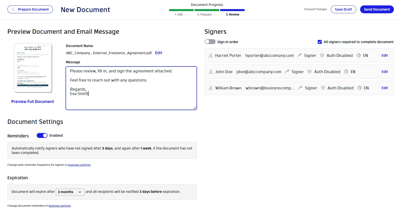 Reviewing a document for parallel signing in Xodo Sign