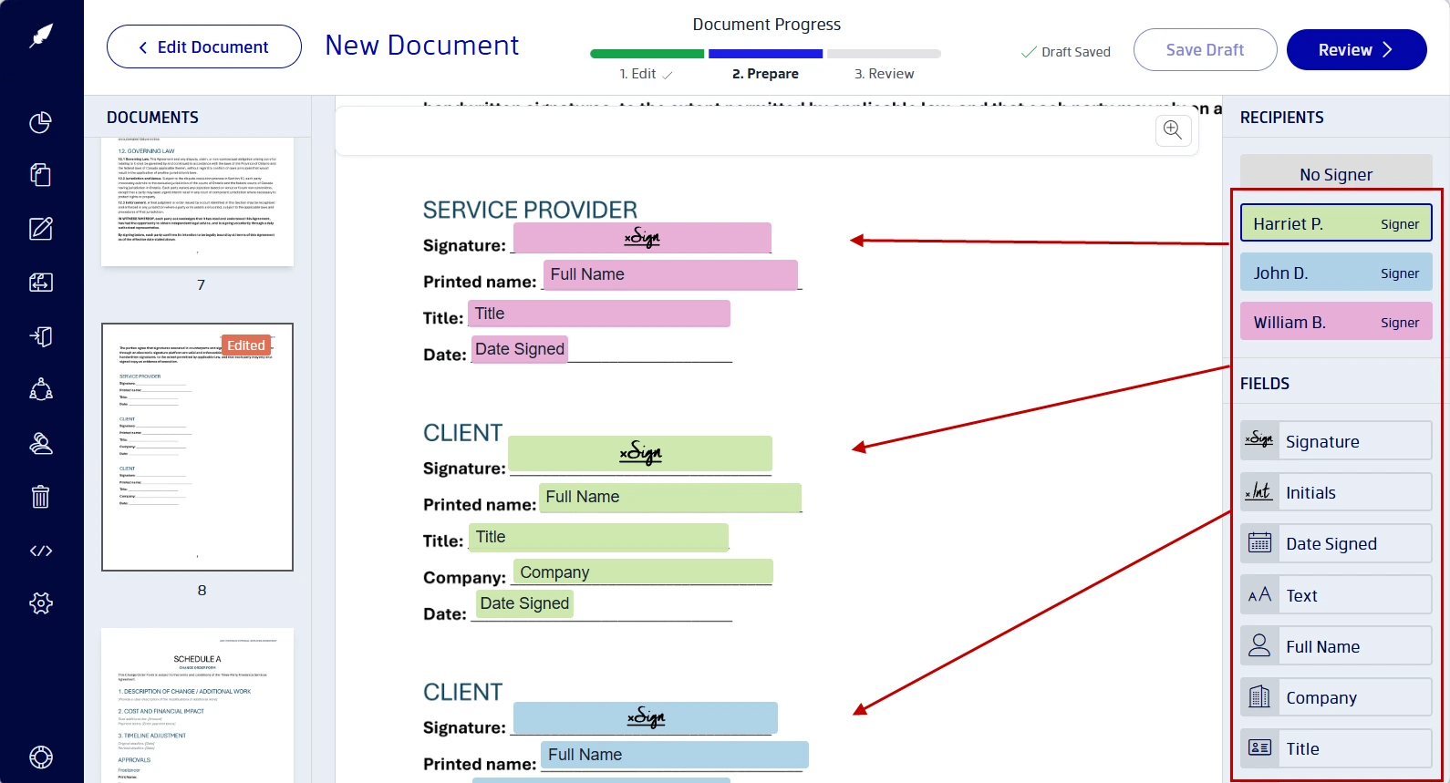 Steps to adding form and signing fields to a documents