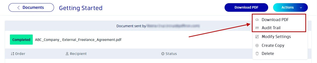Steps for downloading a completed document and audit trail in Xodo Sign